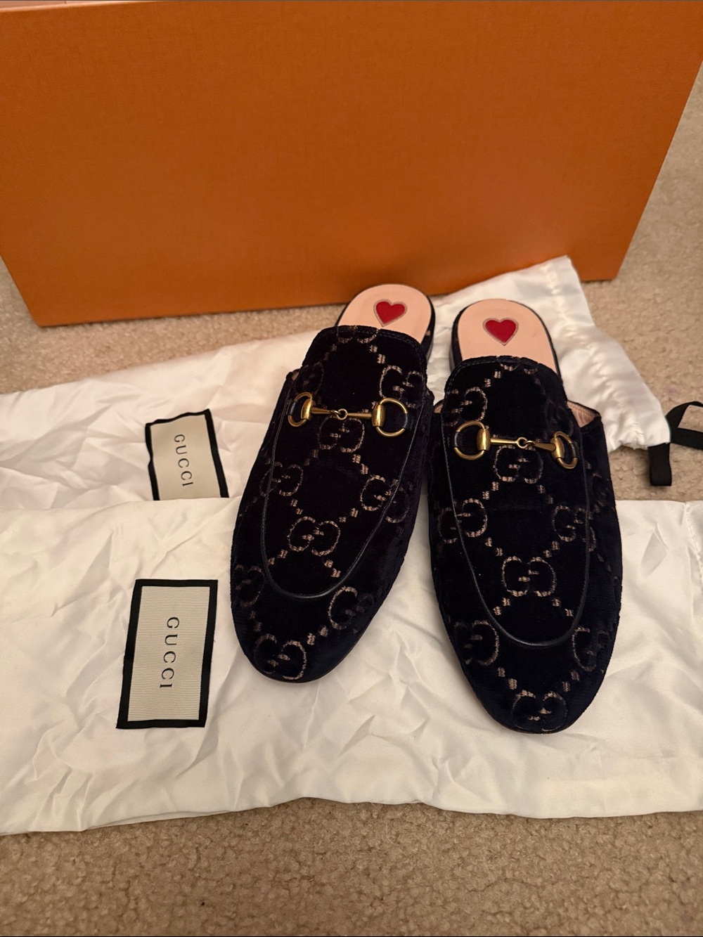 Gucci Navy Velvet Horsebit Mules with Pink Insole Heart. no box,cloth bags only